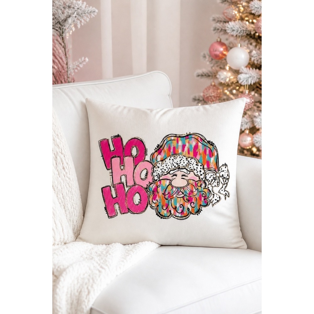 NEW‎ Ho Ho Ho Colorful Santa Glitter Throw Pillow Cover White 17x17 Holiday